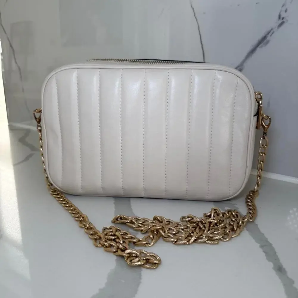 Coach White Quilted Leather Crossbody Bag Dual Zipper Gold Chain Shoulder Purse - Picture 4 of 8
